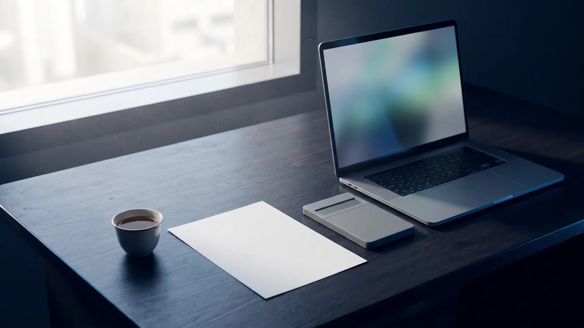 A quiet Riyadh office desk at dawn with a laptop, a blank sheet of paper, a plain calculator and a cup of Arabic coffee