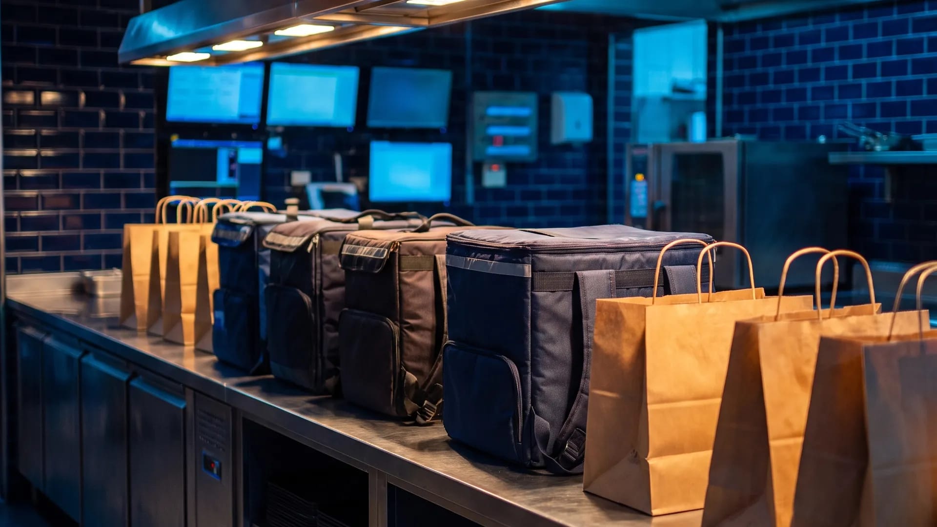 Insulated delivery bags and sealed takeaway orders lined up on the pass of a Saudi restaurant kitchen during evening service