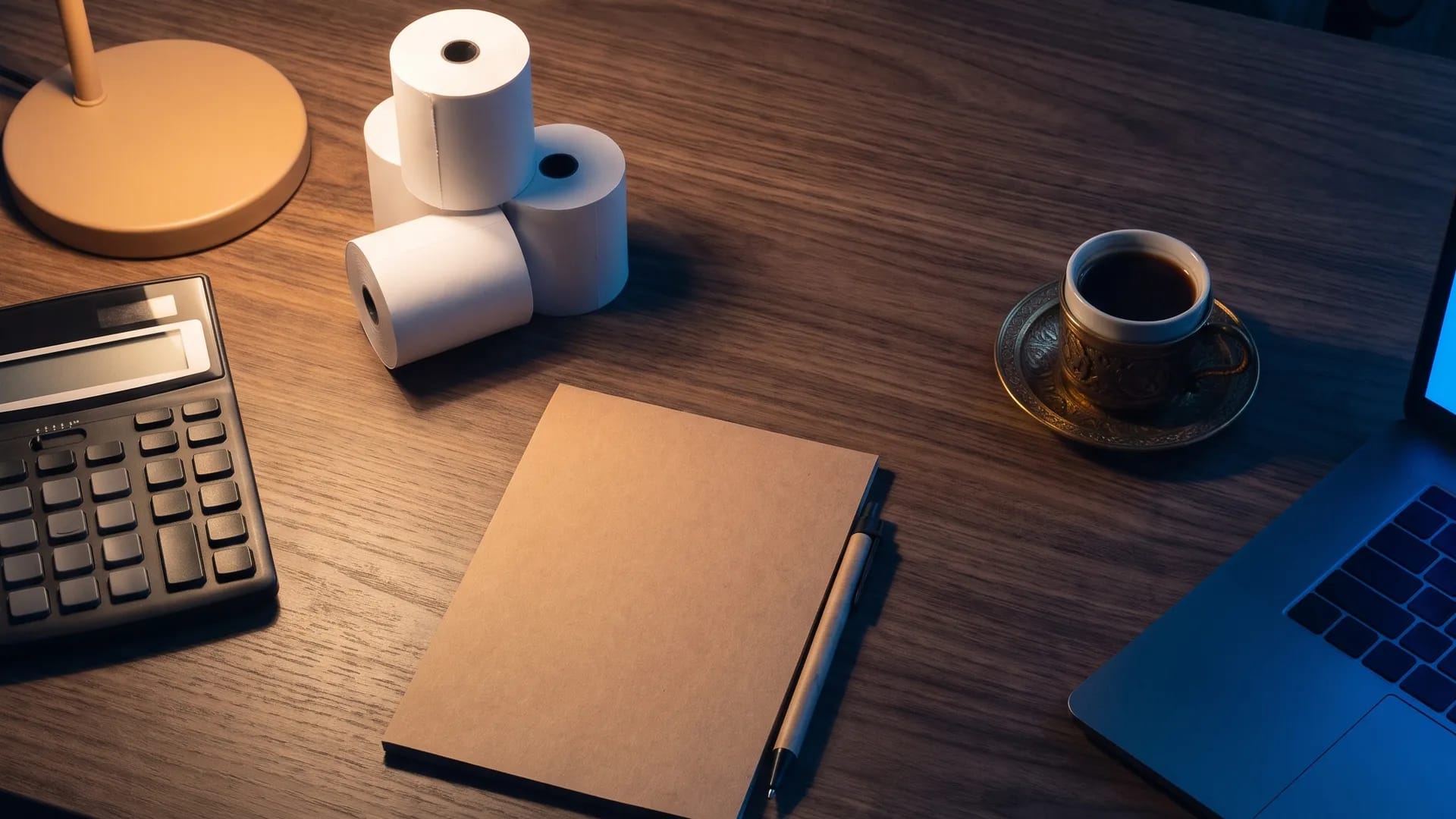 A calculator, blank receipt rolls, a notepad and Arabic coffee on a restaurant back-office desk lit by a single desk lamp