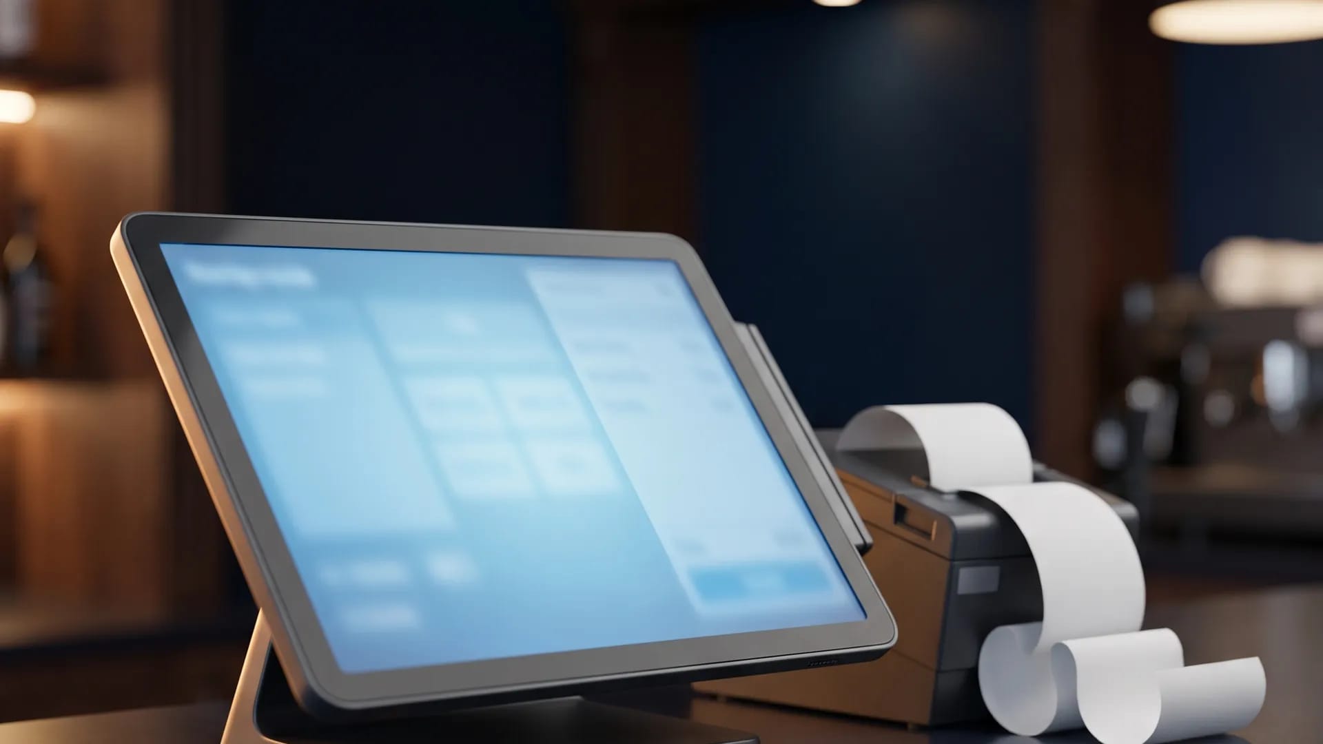 A restaurant point-of-sale tablet beside a thermal printer with order tickets curling out, on a dark counter in a modern Gulf cafe