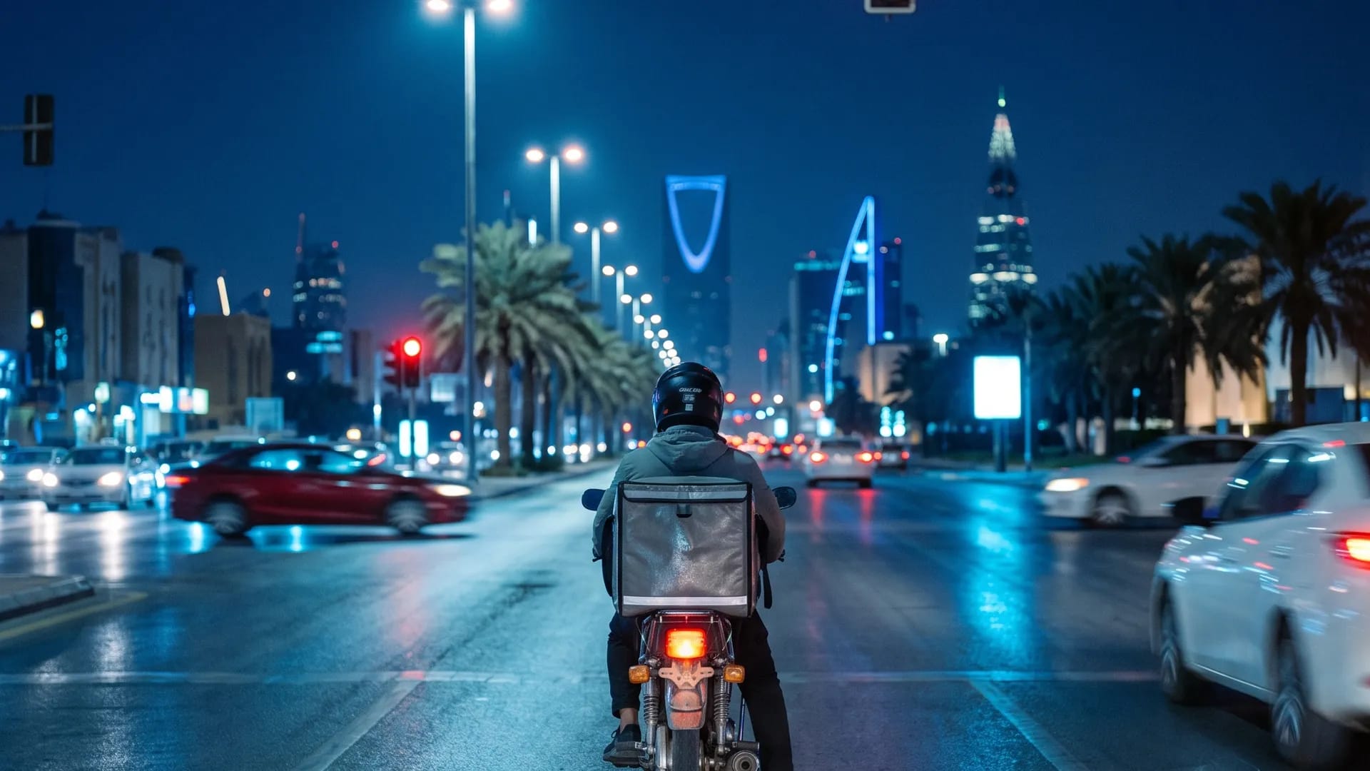 A food delivery rider with an insulated box waits at a red light on a wide Riyadh boulevard at night, city towers glowing in the background