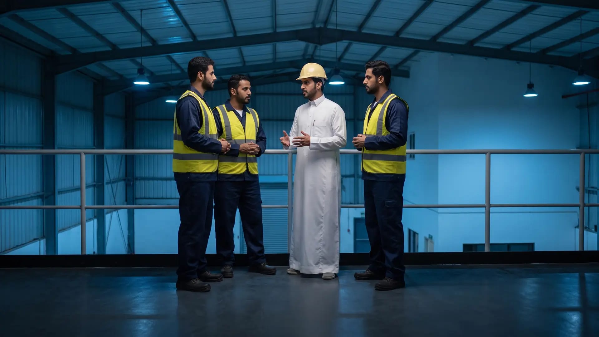 A Saudi supervisor in a white thobe talking with three colleagues in navy work uniforms on a warehouse mezzanine