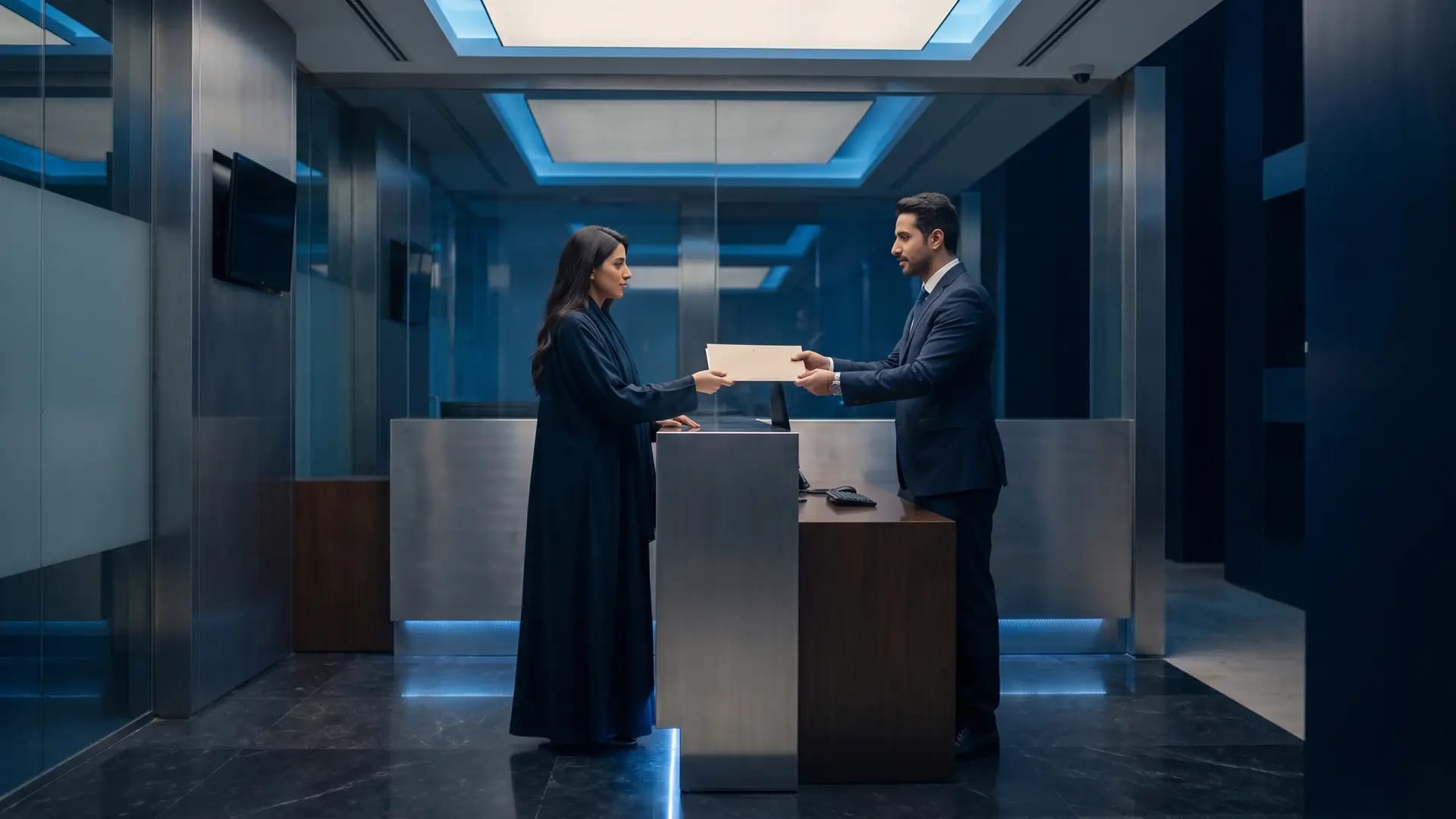 A professional handing a plain document folder across a counter in a modern Saudi corporate bank interior lit in deep blue
