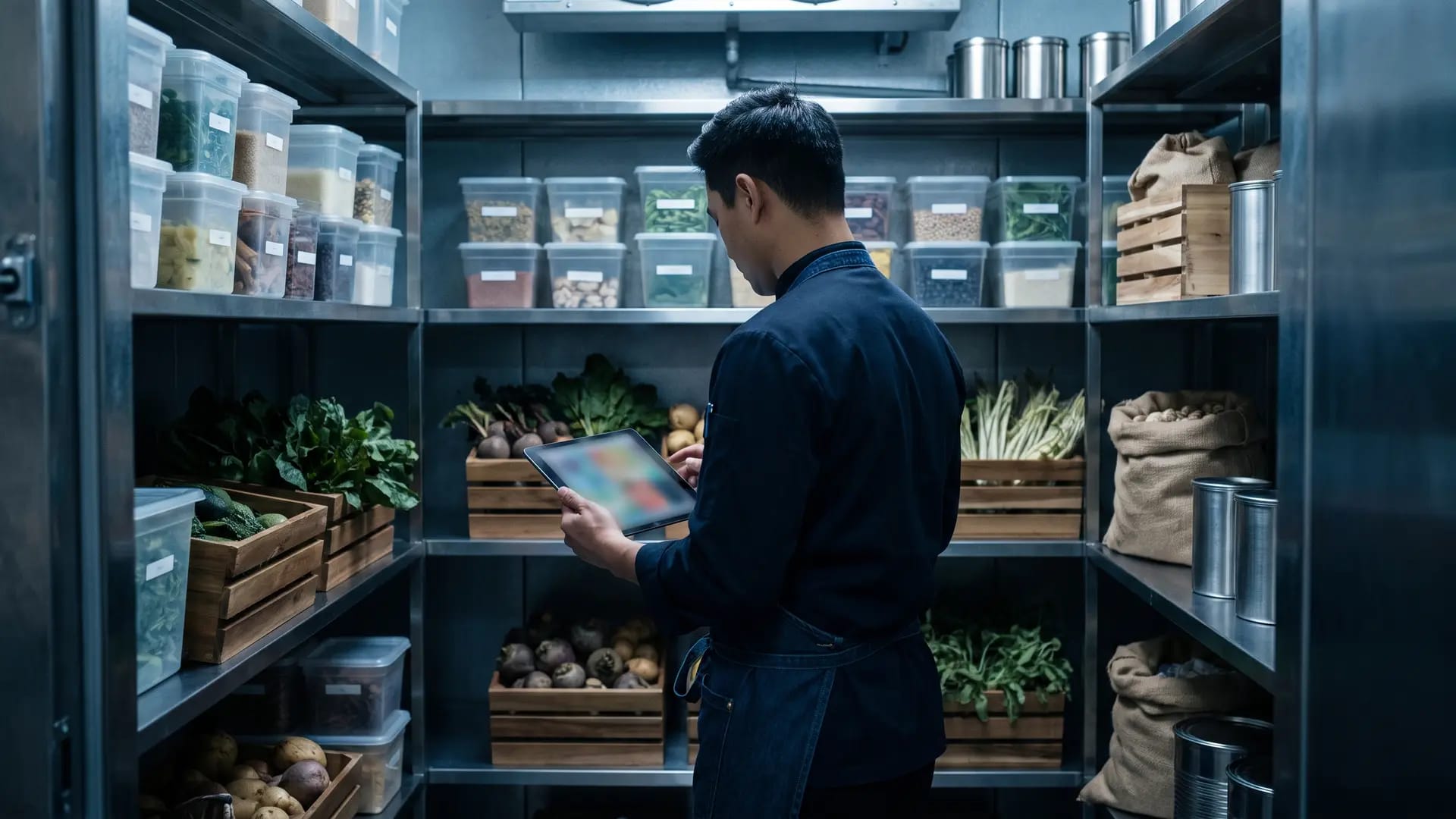 Restaurant store room with stainless steel shelving, produce crates and a staff member counting stock on a tablet