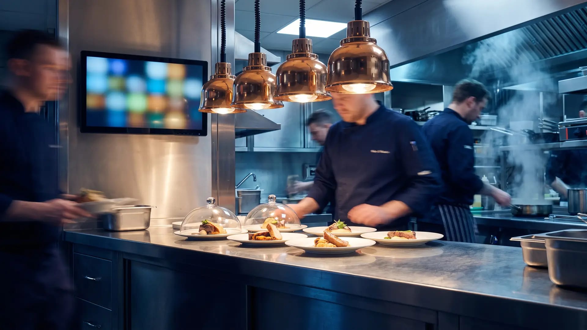 Restaurant kitchen pass with a wall-mounted kitchen display screen and chefs plating orders under heat lamps