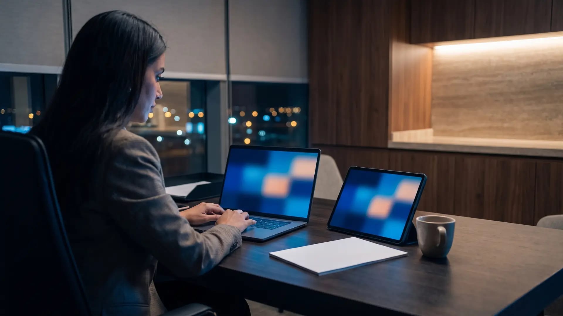 Restaurant group operations manager reviewing branch performance on a laptop and tablet at a back-office desk