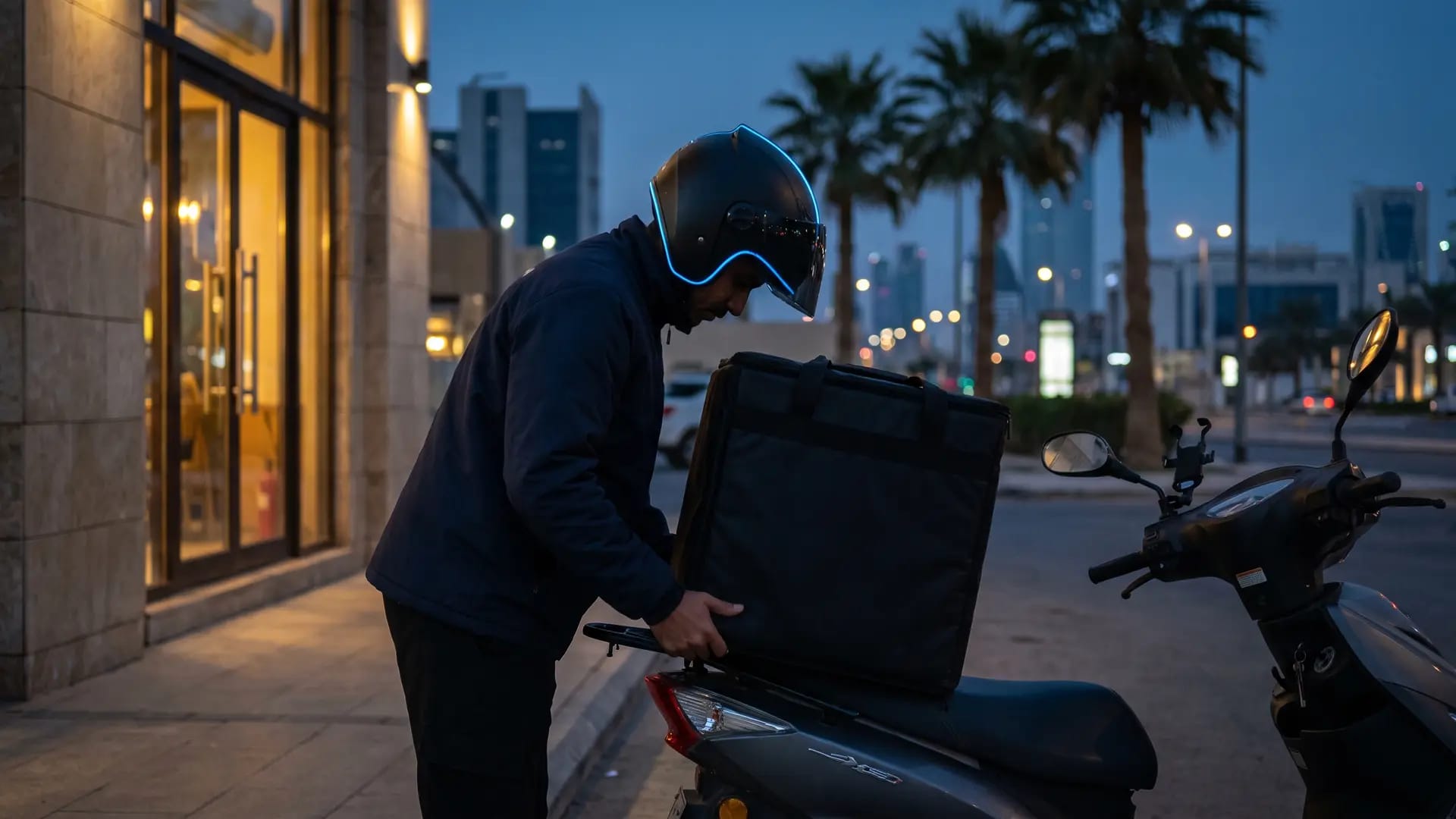 A delivery rider loading a plain insulated thermal bag onto a scooter outside a lit restaurant in Riyadh at dusk