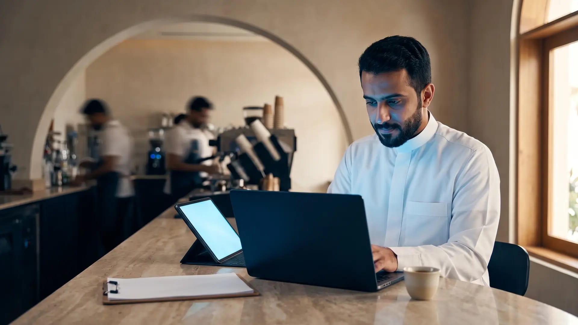 A restaurant manager working on a laptop and tablet at a back-office counter inside a modern Saudi cafe