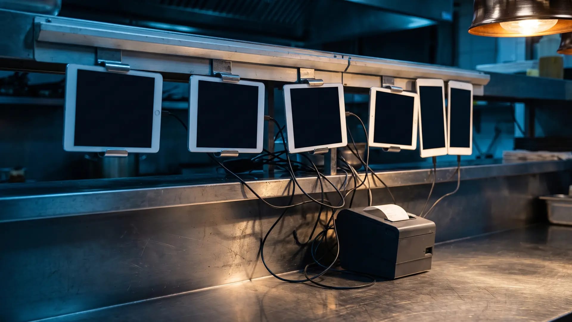 A cluttered rail of tablet devices clamped above a stainless steel restaurant pass with tangled charging cables and a thermal printer