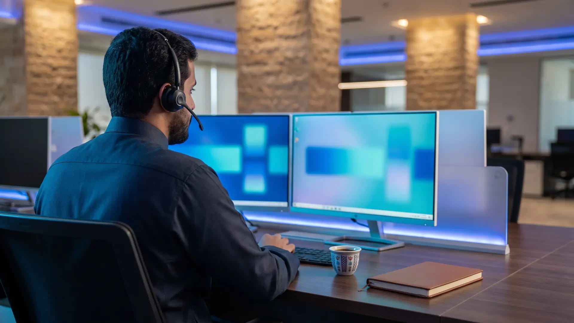 A support agent wearing a headset working a ticket queue on dual monitors in a Saudi contact centre