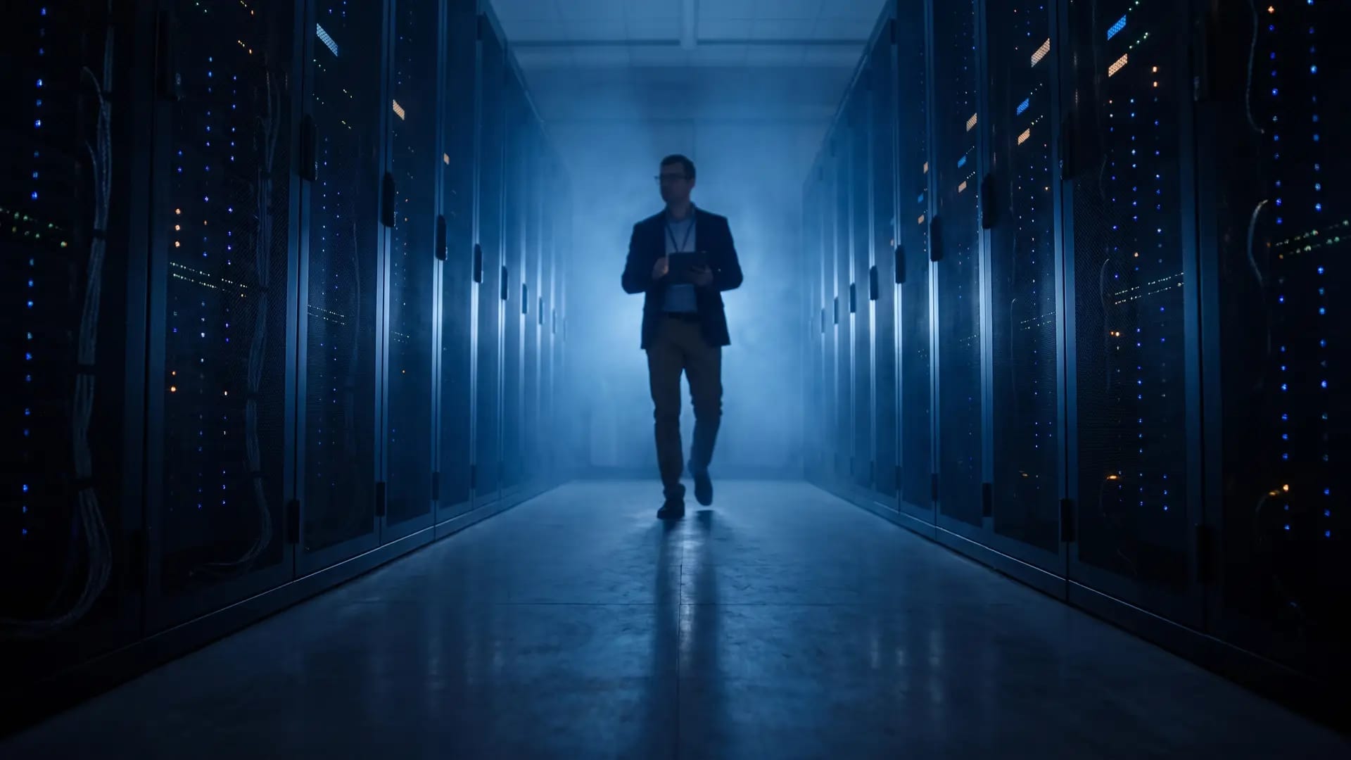 A dimly lit data centre aisle with rows of dark server racks and blue status lights, an engineer walking in the distance