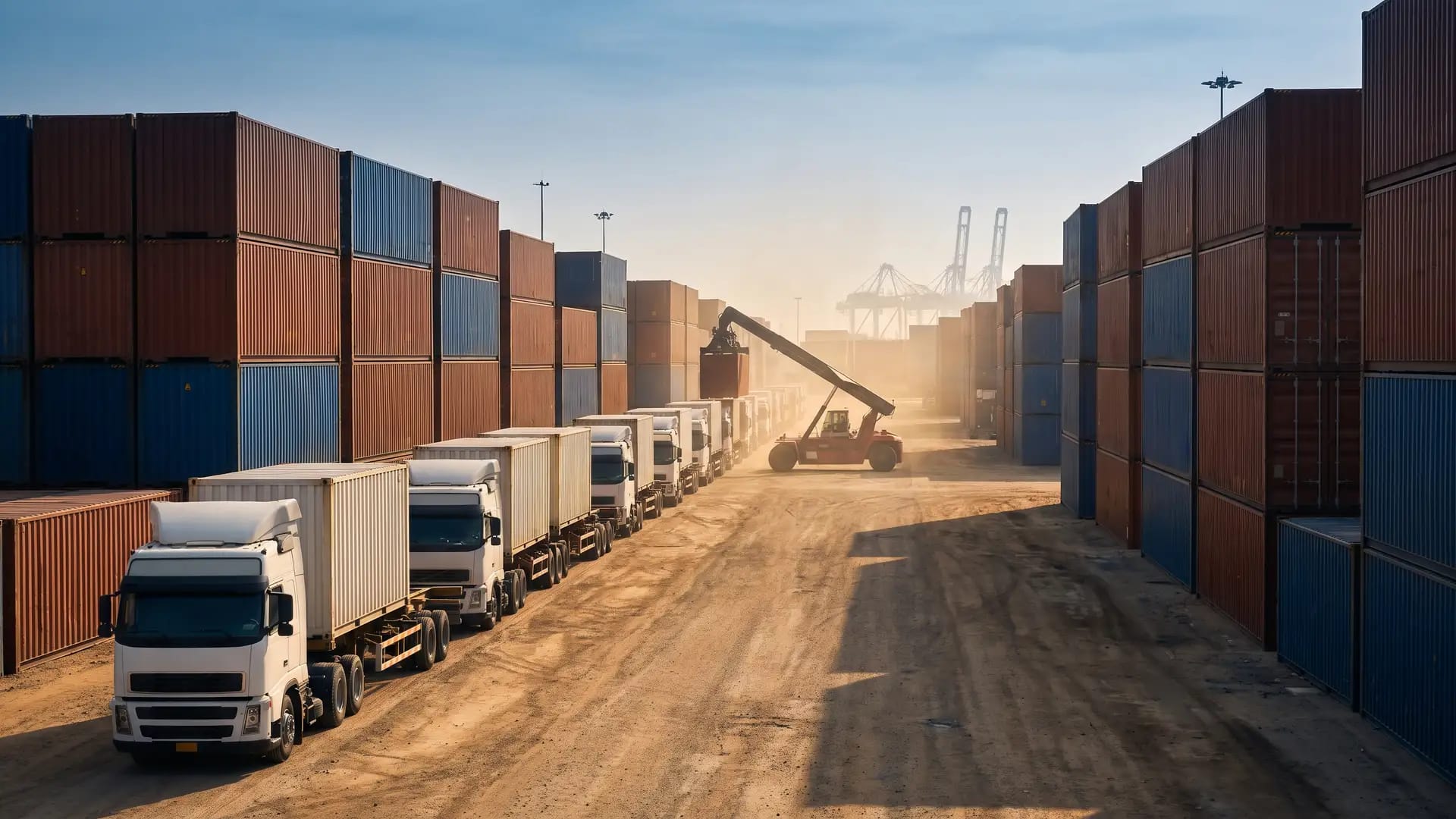A queue of plain white container trucks waiting between tall stacks of shipping containers at a port gate in dusty morning light