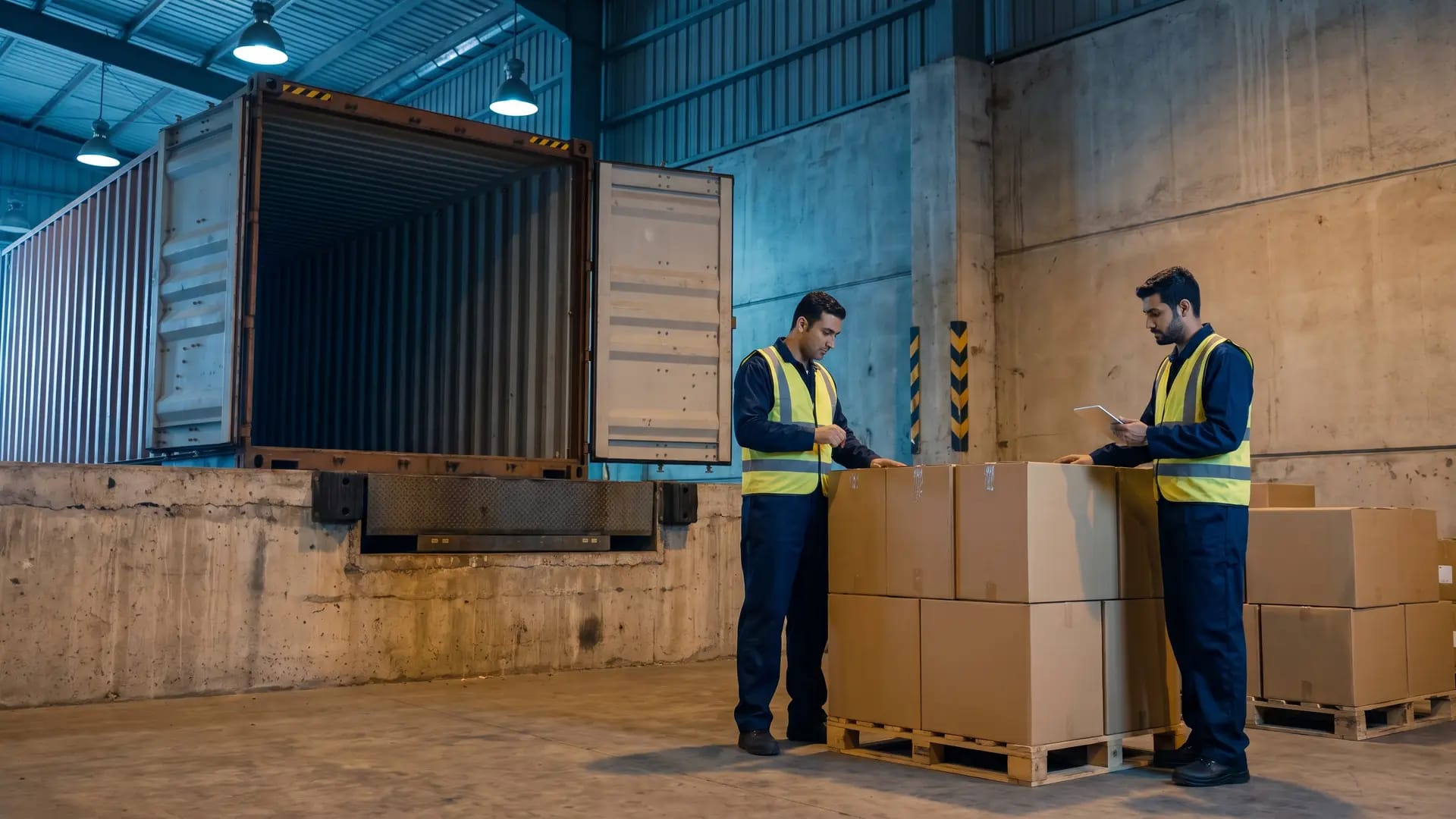 Two workers in plain navy coveralls and hi-vis vests inspecting palletised cardboard cartons beside an opened shipping container inside a port customs hall