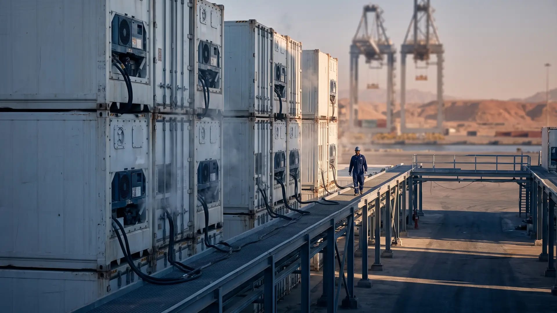 Blank white refrigerated shipping containers stacked along a service catwalk with power cables plugged in, port gantry cranes visible in the distance