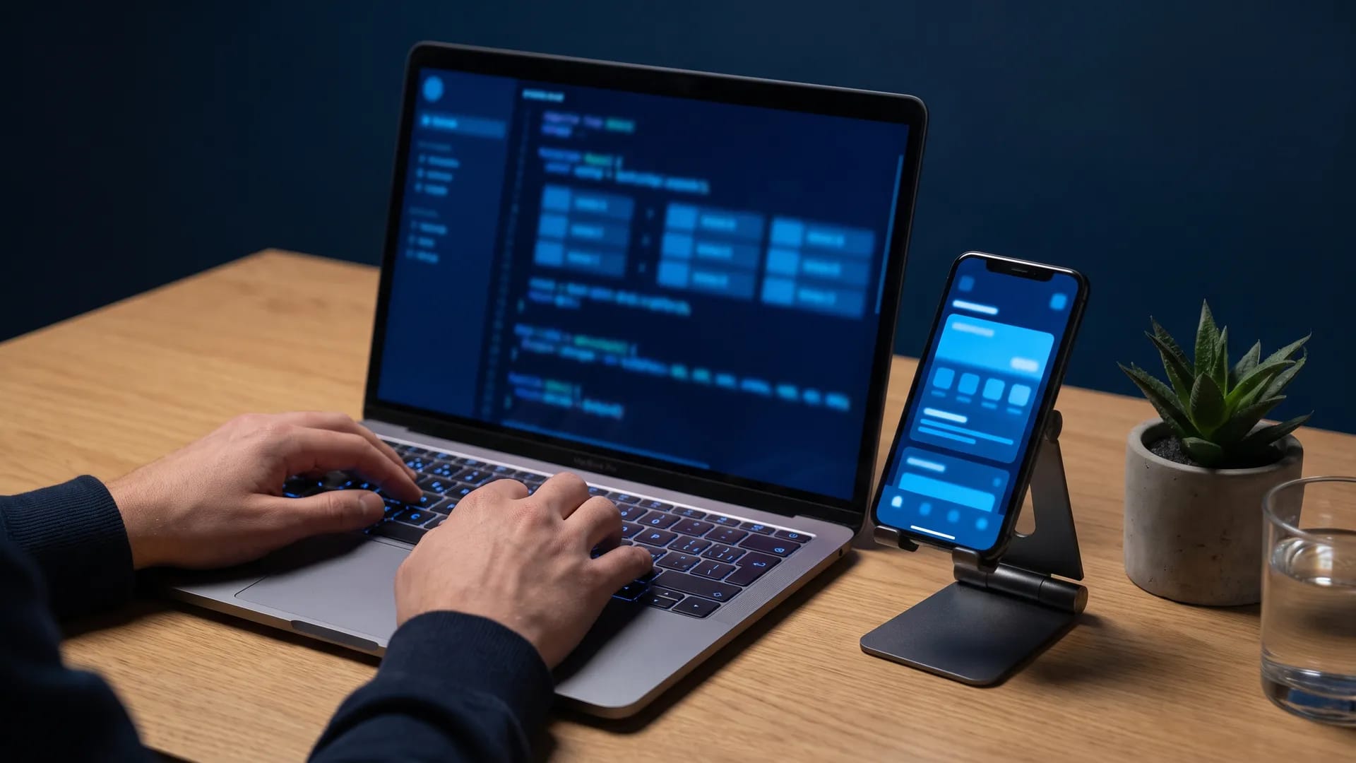 A developer's desk with a laptop showing an abstract dark code editor and a smartphone displaying a simplified app layout