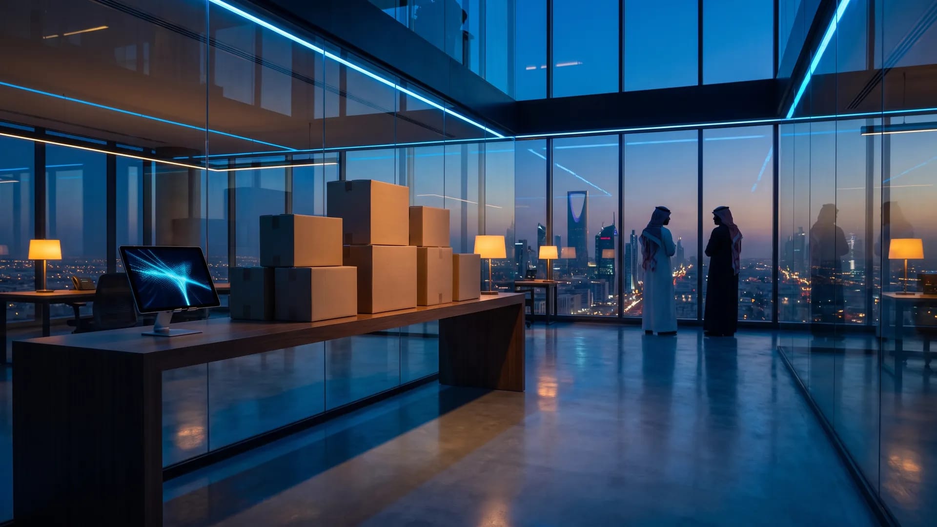 A modern Saudi e-commerce workspace at dusk overlooking the Riyadh skyline, with packed shipping boxes on a counter