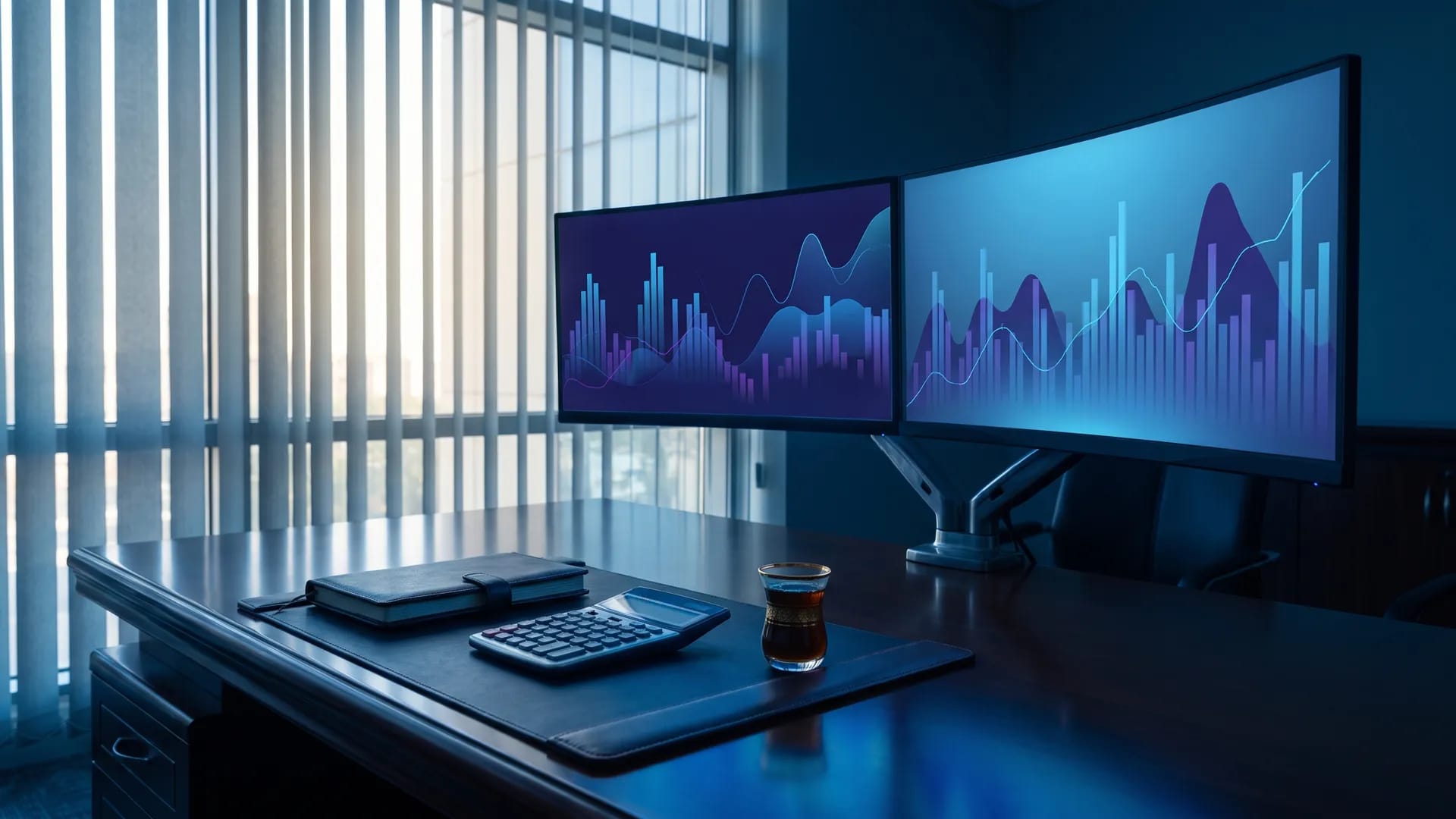 A finance manager's desk in a Riyadh office with monitors showing abstract blue charts, a calculator and Arabic coffee
